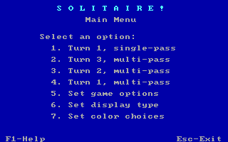 Solitaire (DOS) screenshot: Main menu (CGA / RGB monitor)