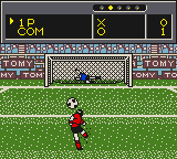 Nippon Daihyō Team: Eikō no Eleven (Game Boy) screenshot: PK. Will it be a goal? You'll never know.