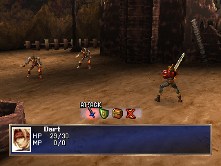 The Legend of Dragoon (PlayStation) screenshot: The game's first battle - naturally, it's just the hero; and if the enemies aren't slimes, they must be evil enemy soldiers