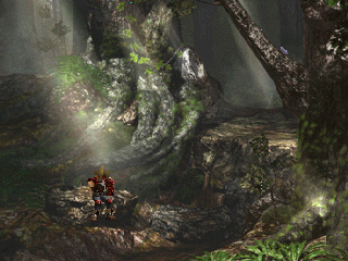 The Legend of Dragoon (PlayStation) screenshot: The game's starting scene done with in-game engine - the hero Dart is reading a newspaper while birds are watching him