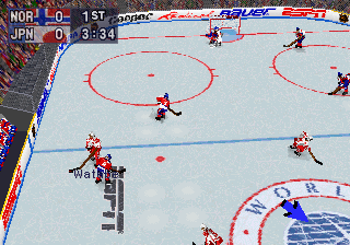 NHL Powerplay '96 (SEGA Saturn) screenshot: Ingame, the camera with a more distant view