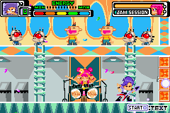 Hi Hi Puffy AmiYumi: Kaznapped! (Game Boy Advance) screenshot: Jammin' to rid the robots and fanboys.