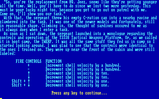 Night Fire (DOS) screenshot: Instructions - there's even a backstory!