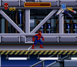 Spider-Man (SNES) screenshot: Spider-Man meets a flying robot....