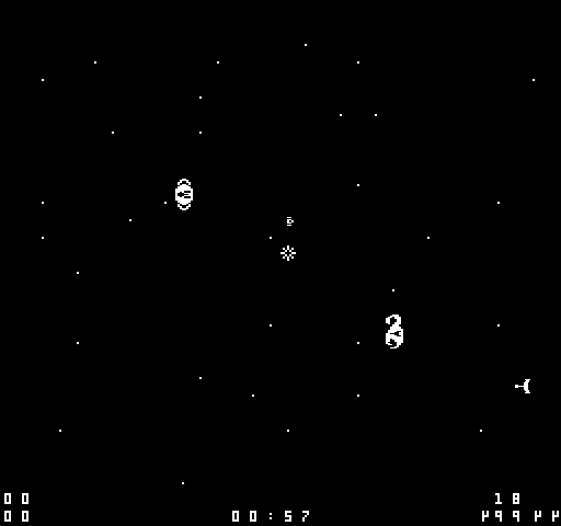 Orbit (Arcade) screenshot: Accidentally flew into the black hole - player 1 is destroyed.