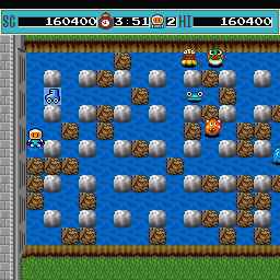 Bomberman (Sharp X68000) screenshot: Stage 3 - River, those skates increases the player's walking speed