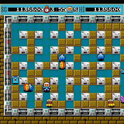 Bomberman (Sharp X68000) screenshot: Last stage, the spinning coin-like Pontan is the most dangerous (and annoying) enemy in the game as they move quickly, pass through soft blocks and pursue Bomberman