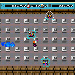 Bomberman (Sharp X68000) screenshot: Round 7 boss is Spidfire, who periodically generates a barrier around itself, which protects it from explosions