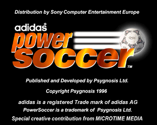 adidas Power Soccer (PlayStation) screenshot: The game's title screen. After this there's an animated introduction sequence and the language selection screen