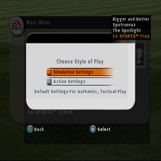 FIFA Soccer 2003 (PlayStation) screenshot: Starting a friendly game. These are the modes of play, next the player chooses from three difficulty settings. Throughout game and menus little windows pop up saying what music is playing