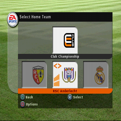 FIFA Soccer 2003 (PlayStation) screenshot: Starting a friendly match. This is the team selection screen, it started at Arsenal and scrolls left/right through the teams in alphabetical order. The same screen is used for the opponents