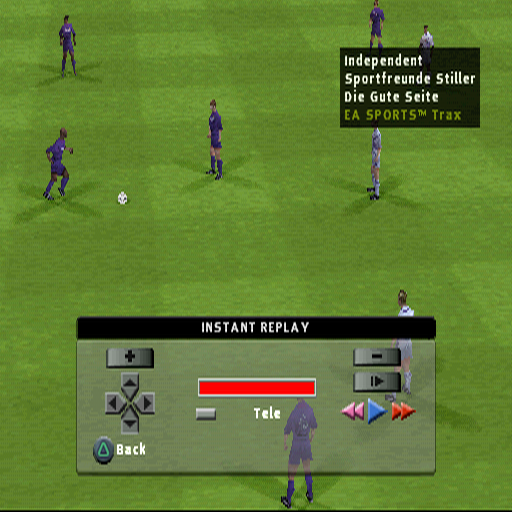 FIFA Soccer 2003 (PlayStation) screenshot: From the pause menu the gamer can access this instant replay function