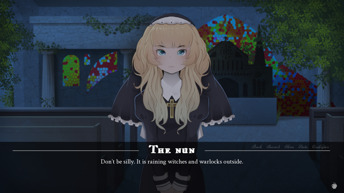 Once on a Windswept Night (Windows) screenshot: Madeleine, nun in the local church and one of two girls you interact with