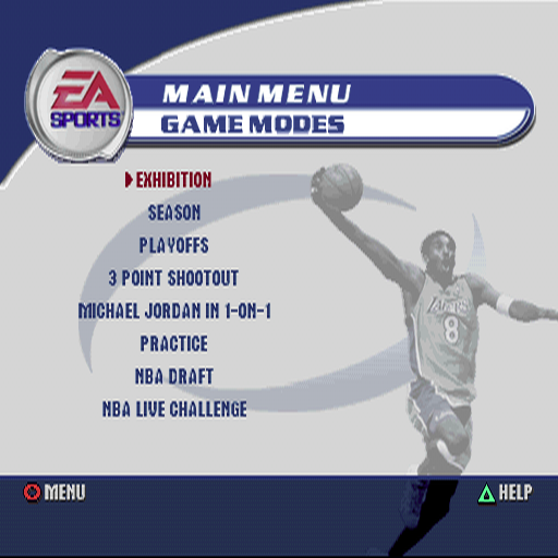 NBA Live 2002 (PlayStation) screenshot: The game's main menu. The background picture changes each time the player comes here