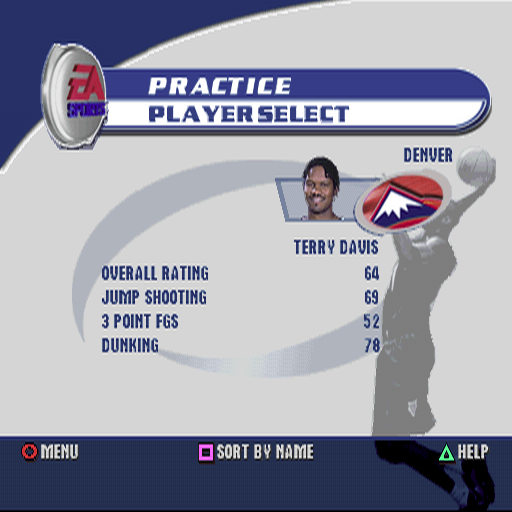 NBA Live 2002 (PlayStation) screenshot: Starting a practice session. This is the player selection screen.