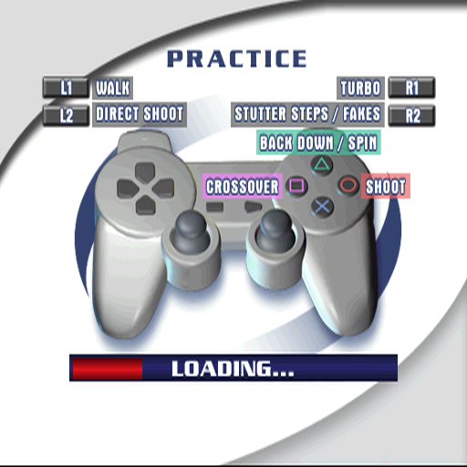 NBA Live 2002 (PlayStation) screenshot: While the practice session loads the game reminds the player of the controller setup. While waiting for a match to load the configuration for both attack and defence is shown