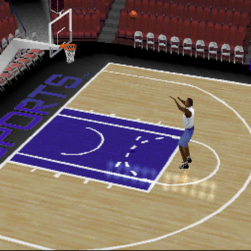 NBA Live 2002 (PlayStation) screenshot: A practice session trying a jump shot. After the shot the player must manually pick up the ball before trying again.