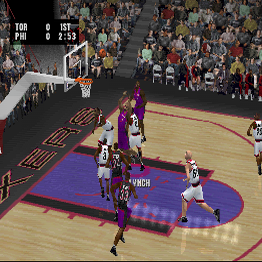 NBA Live 2002 (PlayStation) screenshot: A shot is taken and blocked. The active player's name is displayed and they are indicated by a circle around their feet