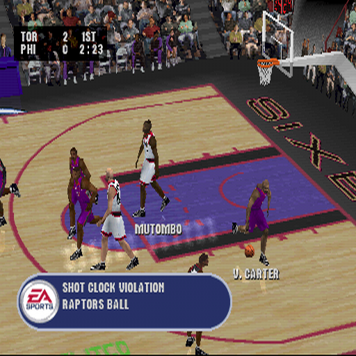 NBA Live 2002 (PlayStation) screenshot: Not being a fan of the game I didn't know that keeping possession was a bad thing. That's two points away, bother!