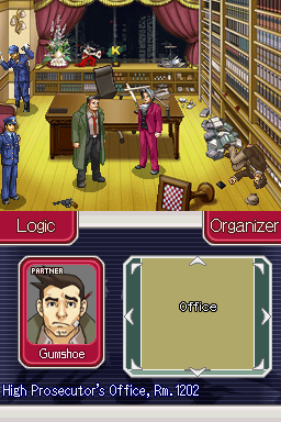 Ace Attorney Investigations: Miles Edgeworth (Nintendo DS) screenshot: Exploring the crime scene, Edgeworth's office.