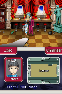 Ace Attorney Investigations: Miles Edgeworth (Nintendo DS) screenshot: Taking a look around the lounge, with a stewardess helping.