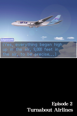 Ace Attorney Investigations: Miles Edgeworth (Nintendo DS) screenshot: Case 2 takes place on board of an airplane.