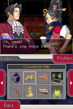 Ace Attorney Investigations: Miles Edgeworth (Nintendo DS) screenshot: Case 5 is so long and convoluted that your organizer needs to be rid of no-longer-necessary evidence more than once.
