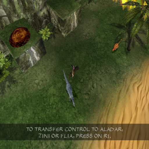 Disney's Dinosaur (PlayStation 2) screenshot: The player can swap between characters and combine their abilities to accomplish tasks or they can press L1 & R1 together so that they move as a group