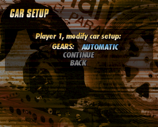 Michelin Rally Masters: Race of Champions (PlayStation) screenshot: The start of a Championship, the first step is to set up the car. This is followed by the player id screen which allows fifteen characters in the player's name.