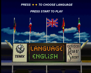adidas Power Soccer (PlayStation) screenshot: The language selection screen. After this there's another version of the game's title screen, the same as the first but with less writing, and then the game begins
