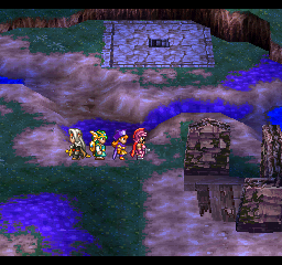 Dragon Quest IV: Michibikareshi Monotachi (PlayStation) screenshot: Poison fields in a ruined village
