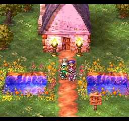 Dragon Quest IV: Michibikareshi Monotachi (PlayStation) screenshot: Sunset, flowers, cozy secluded house... serene and slightly sad feeling
