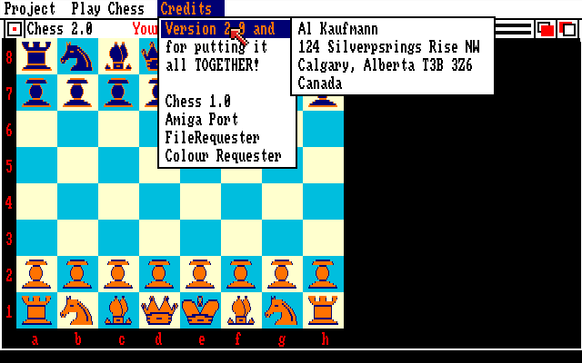 Chess 2.0 (Amiga) screenshot: Menus contain both commands and information