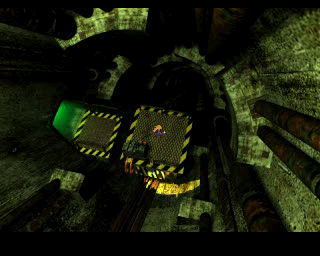 Final Fantasy VII (PlayStation) screenshot: One of the game's many dramatic angles during exploration. Witness the smooth integration of FMV into pre-rendered backgrounds