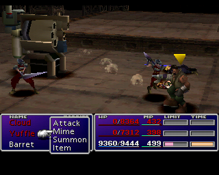 Final Fantasy VII (PlayStation) screenshot: Fighting soldiers and a turret. Two of my people are dead. Note the interesting commands you acquire if you find specific materia