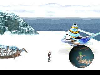 Final Fantasy VIII (PlayStation) screenshot: Snowy world. Note the mini-map and the huge flying thing I can pilot!