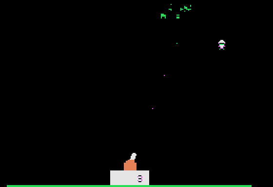 Sabotage (Apple II) screenshot: Destroy helicopters. Each bullet costs one point.