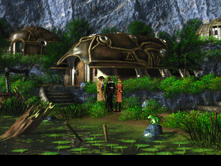 Final Fantasy VIII (PlayStation) screenshot: Lush green village with an animated frog sitting on a stone. There is immense contrast between the different locations