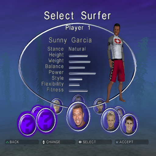 Sunny Garcia Surfing (PlayStation 2) screenshot: After selecting the Freesurf option from the main menu the player must select a surfer, a beach and a surfboard. Not all options are available, some need must be unlocked