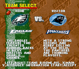 Madden NFL 97 (SNES) screenshot: Team select screen