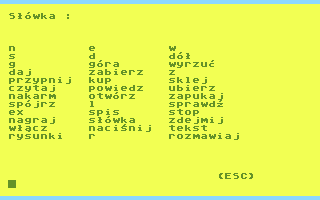 Ucieczka z Z.S.T (Atari 8-bit) screenshot: Commands list
