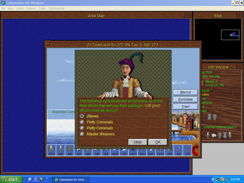 Sid Meier's Colonization (Windows 3.x) screenshot: If the immigration is fast enough, you can pay passage for the next immigrant to the new world.