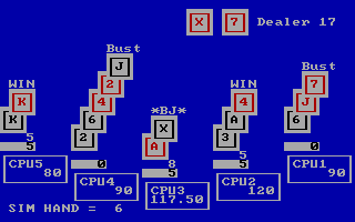Championship Blackjack (DOS) screenshot: Watching a simulation with 5 computer players
