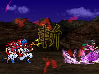 Thousand Arms (PlayStation) screenshot: No Japanese RPG is complete without an effeminate man and a local swordsman - and in this game, it's the same guy!