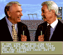 Madden NFL 97 (SNES) screenshot: John Madden on the Panthers