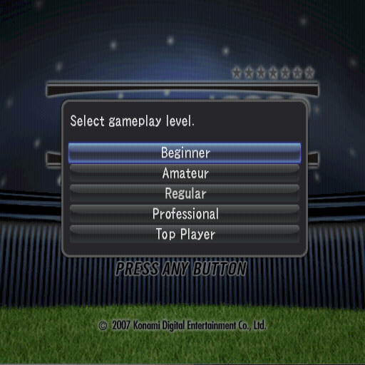 PES 2008: Pro Evolution Soccer (PlayStation 2) screenshot: After pressing START at the title screen the player is prompted for the difficulty setting of their game