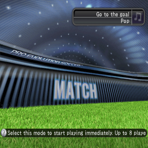 PES 2008: Pro Evolution Soccer (PlayStation 2) screenshot: This is the main menu. Up/down changed the option to either Match, Master League, World Tour, Community, League, Cup, Selection Match, Network, Training, Edit, Gallery or System Settings