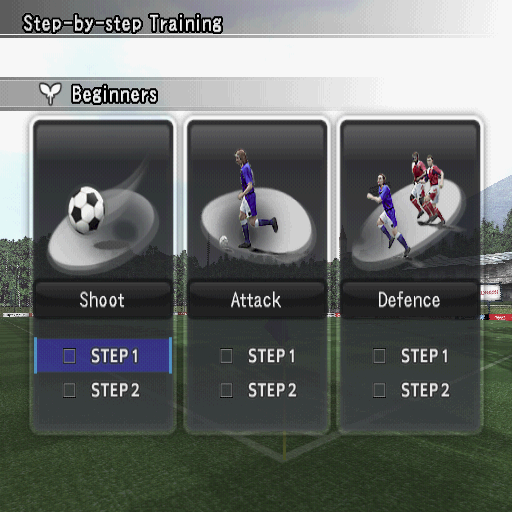 PES 2008: Pro Evolution Soccer (PlayStation 2) screenshot: The training section offers both Free Training and Step-by-Step (SbS) training. SbS training comes in three levels each of which consists of a series of steps