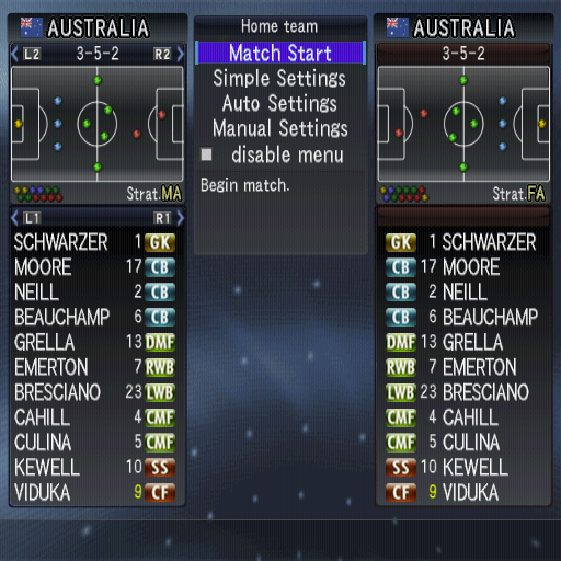 PES 2008: Pro Evolution Soccer (PlayStation 2) screenshot: Playing a quick match, this is an Exhibition match with Australia vs Australia. After strip selection there's this team selection screen before the game starts