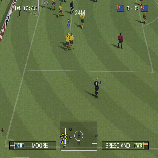 PES 2008: Pro Evolution Soccer (PlayStation 2) screenshot: A match in progress with a free kick about to be taken. This is the default game view, other camera angles can be purchases with PES points